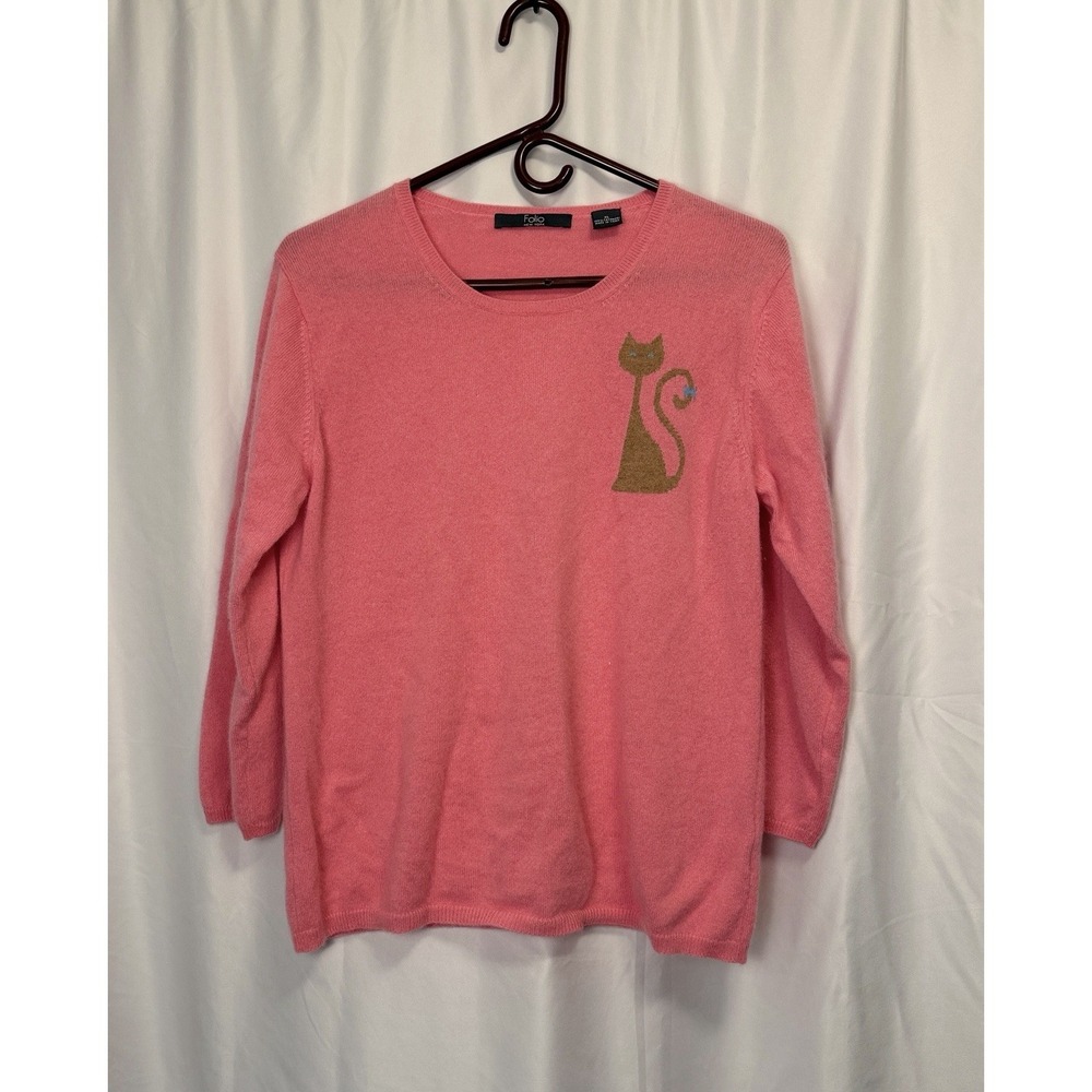 Folio Salmon Pink Women's XL 100% Cashmere Sweater Cat (MCM style) Graphic